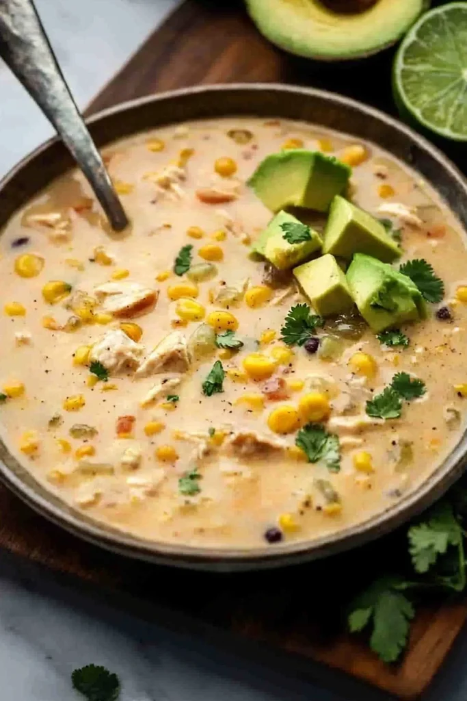 A warm bowl of Slow Cooker Mexican Chicken Corn Chowder garnished with cilantro.