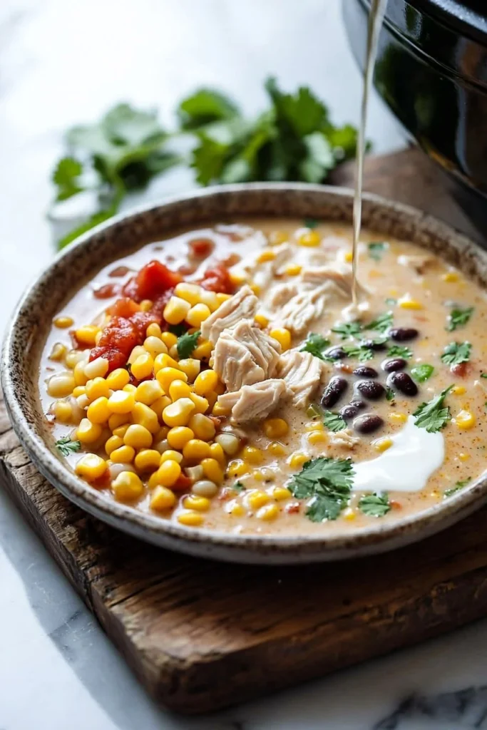 Bowl of Slow Cooker Mexican Chicken Corn Chowder garnished with cilantro and lime