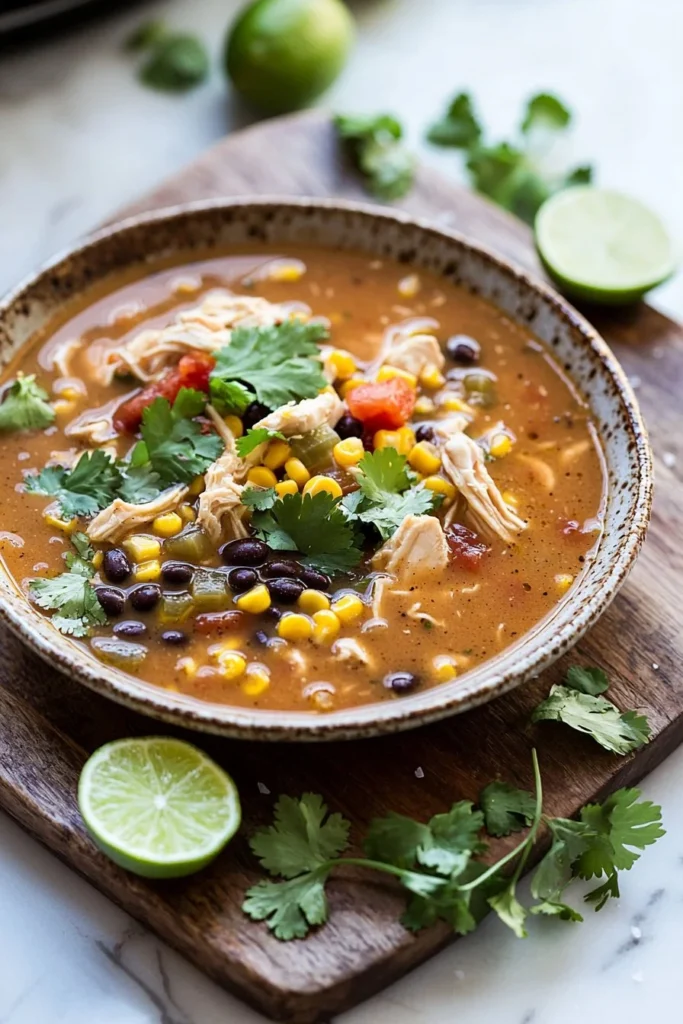 Bowl of Slow Cooker Mexican Chicken Lime Soup garnished with lime and cilantro