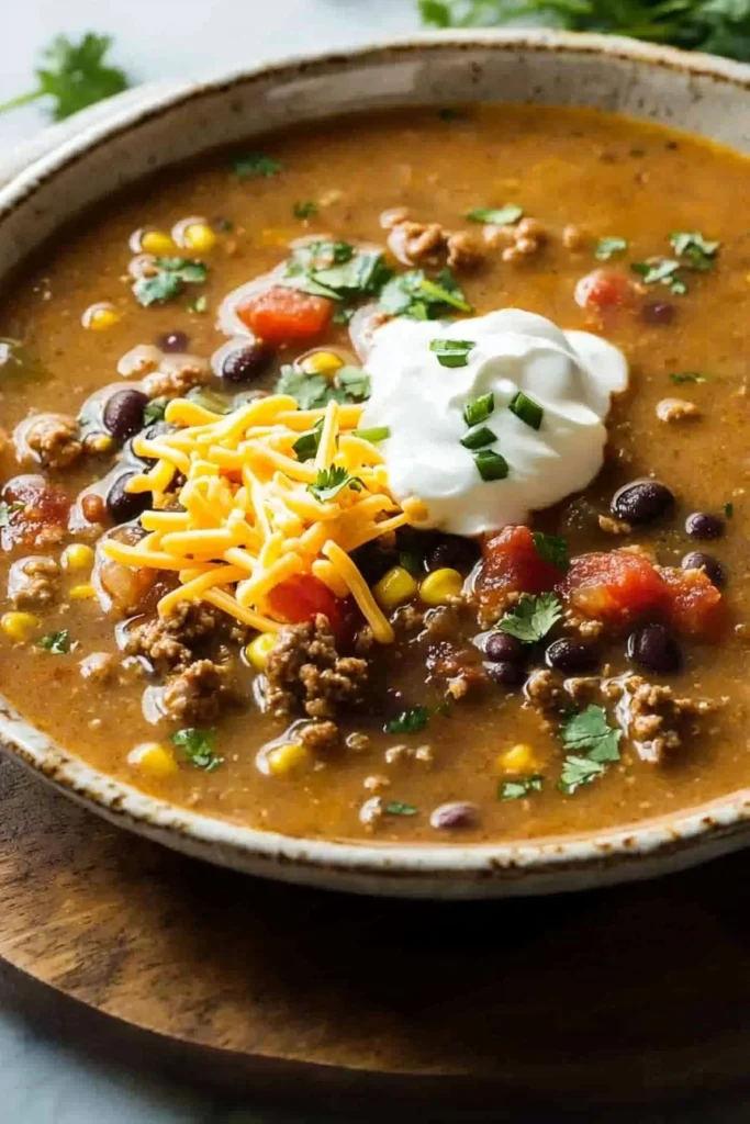 Bowl of slow cooker taco soup topped with cheese and cilantro