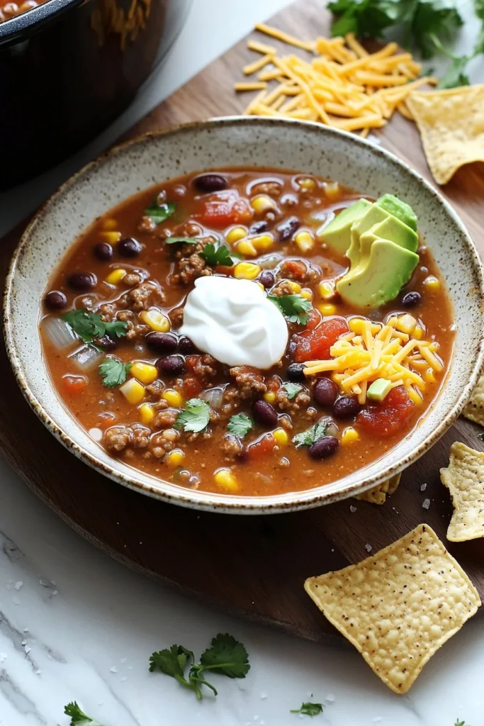Bowl of hearty Slow Cooker Taco Soup with toppings