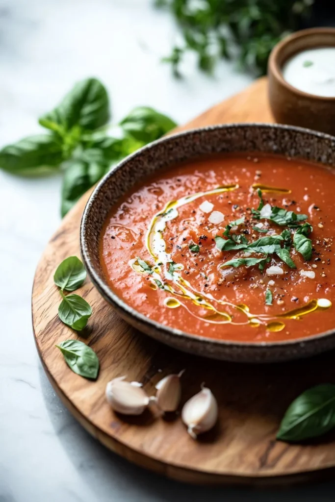 Delicious slow cooker tomato soup garnished with fresh basil
