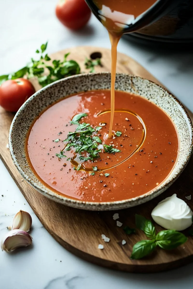 Bowl of homemade slow cooker tomato soup with fresh herbs and bread
