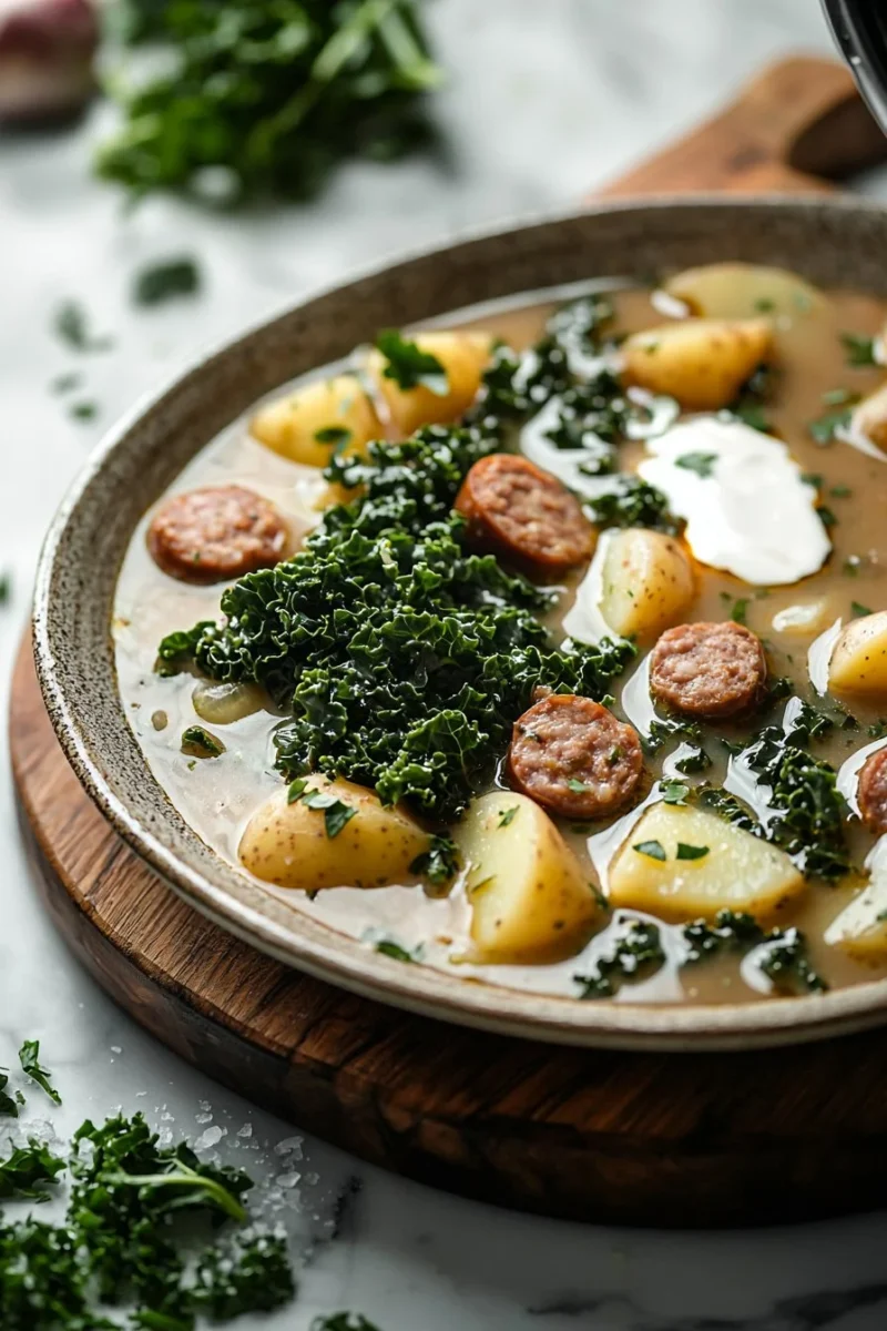 Bowl of Slow Cooker Tuscan Soup garnished with fresh herbs
