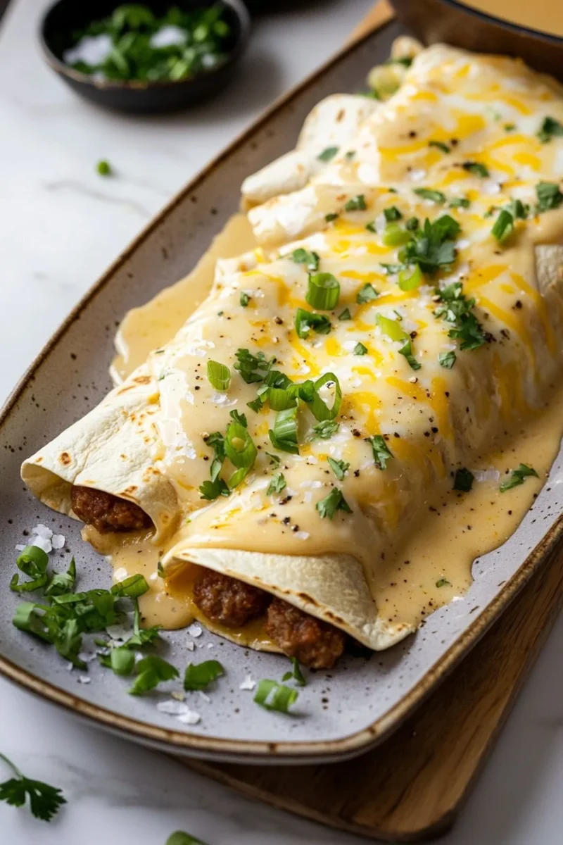 Delicious Southern breakfast enchiladas topped with creamy sausage gravy