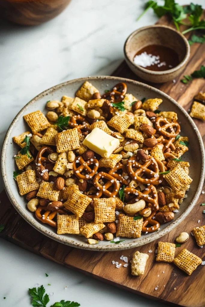 Bowl of spicy Chex Mix with nuts and pretzels