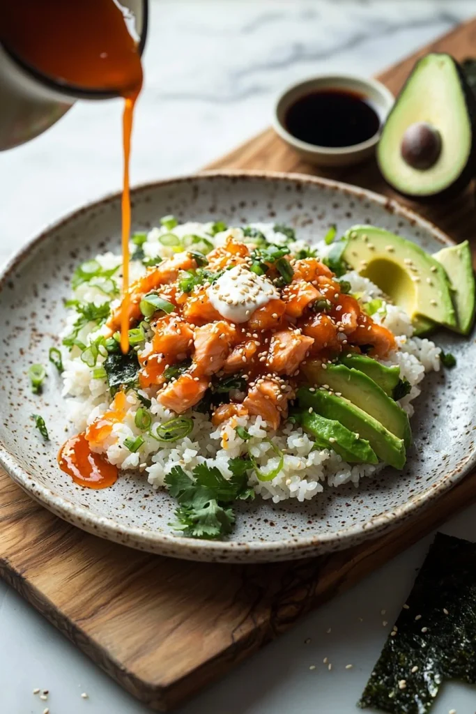 Delicious spicy salmon crispy rice served with garnishes