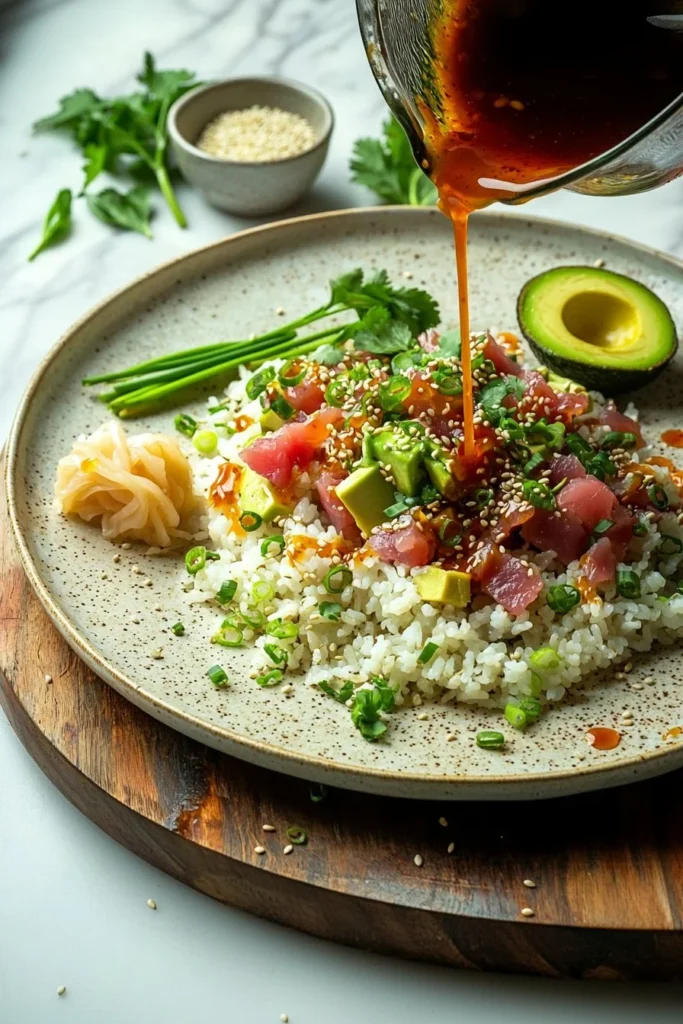 Spicy tuna served on crispy rice with garnishes
