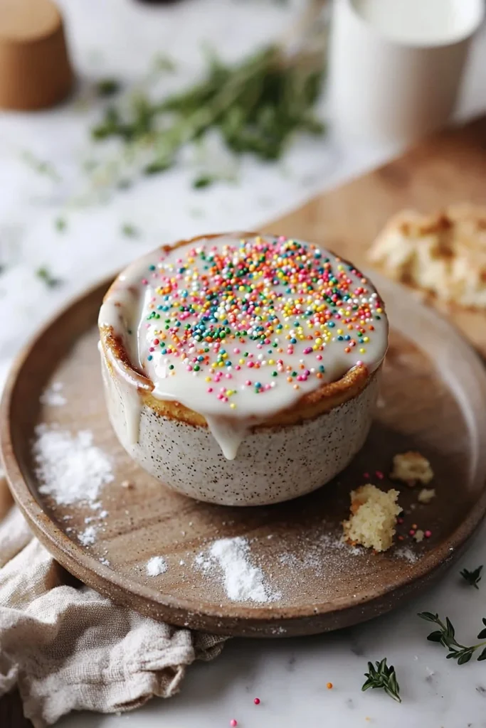 Sprinkle donut mug cake topped with colorful sprinkles in a mug