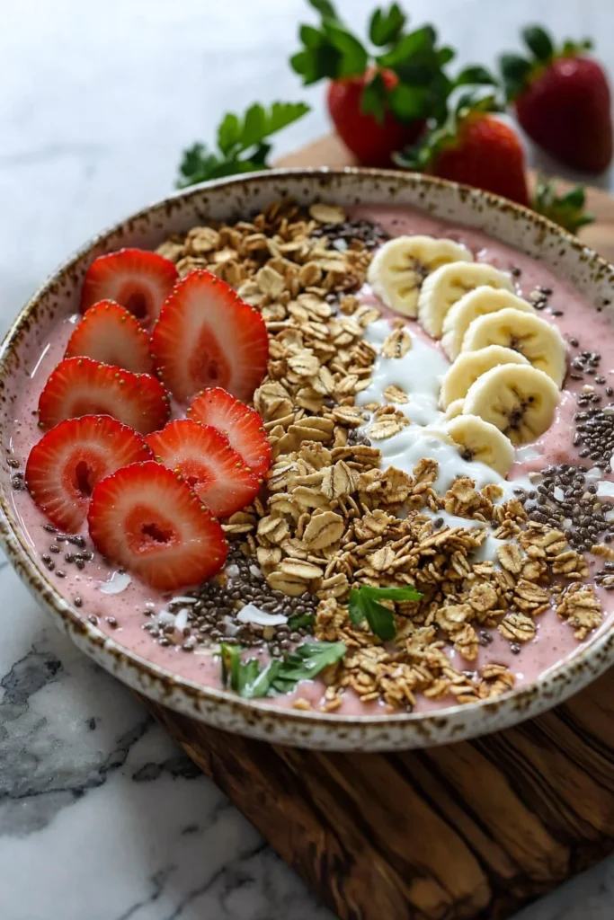 Delicious strawberry banana smoothie bowl topped with fresh fruits and granola
