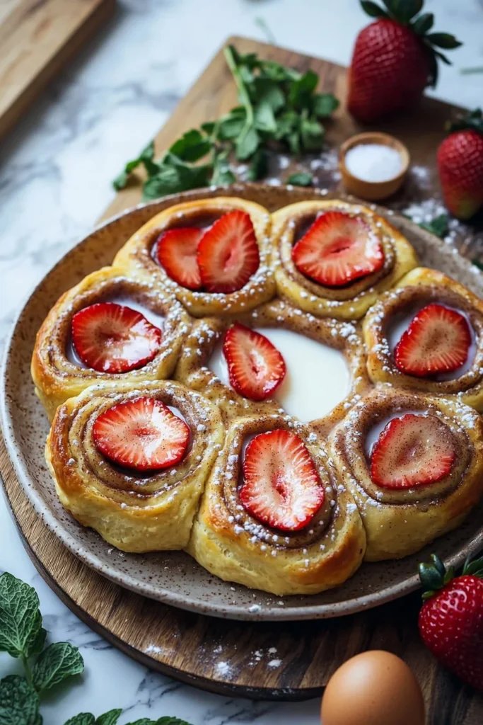 Delicious strawberry cinnamon rolls made with milk bread dough