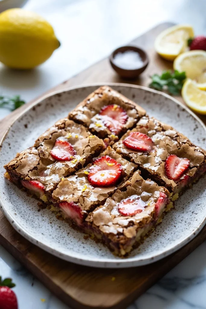 Delicious strawberry lemon blondies with fresh strawberries and lemon zest