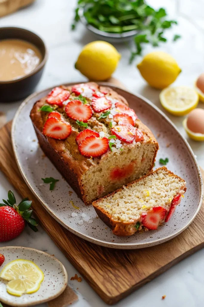 Loaf of Strawberry Lemonade Bread topped with fresh strawberries and lemon zest