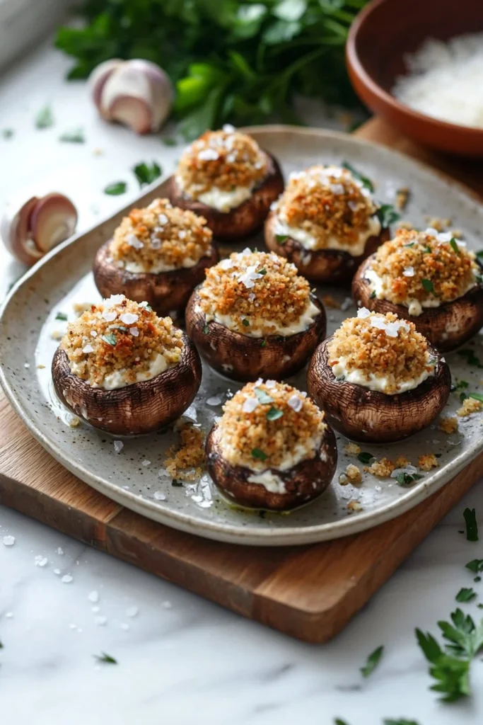 Delicious stuffed mushrooms garnished with herbs and cheese on a platter