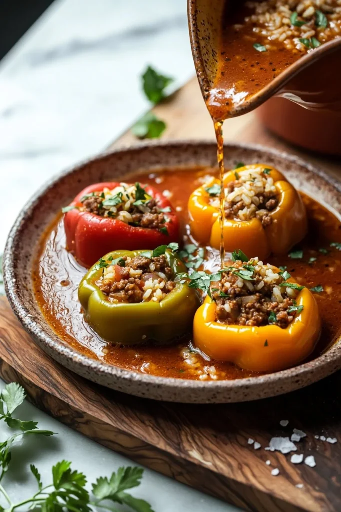 Bowl of delicious Stuffed Pepper Soup with colorful peppers and rice