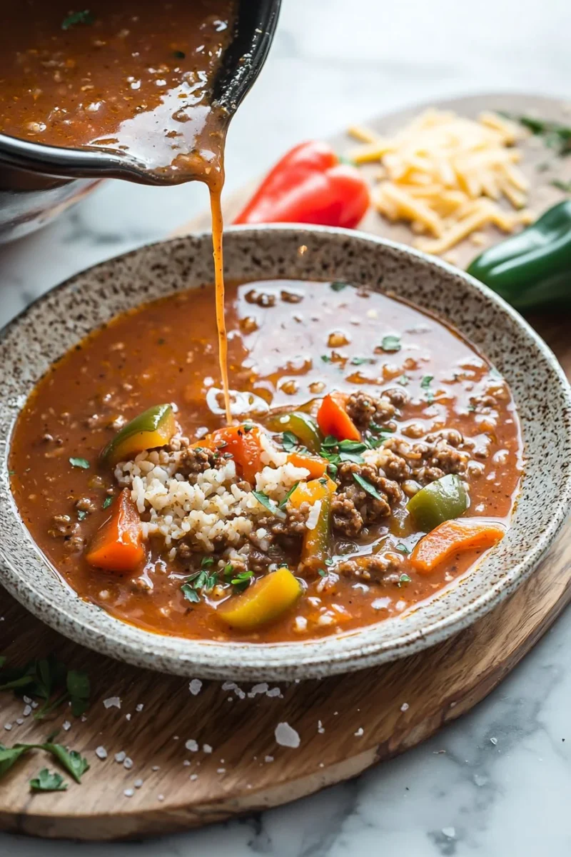 Delicious bowl of stuffed pepper soup cooked in a crockpot, garnished with herbs.