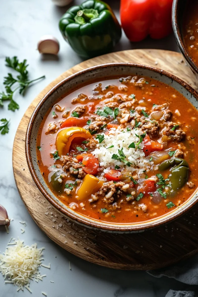 Bowl of hearty stuffed peppers soup topped with herbs