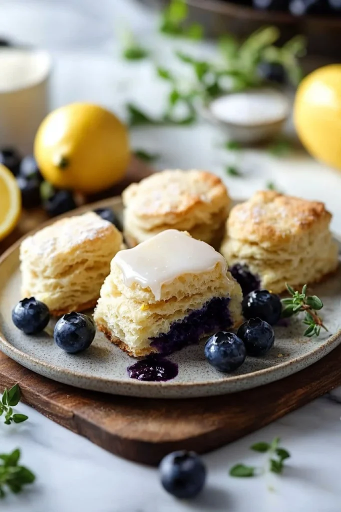 Plate of sweet blueberry biscuits drizzled with lemon glaze.