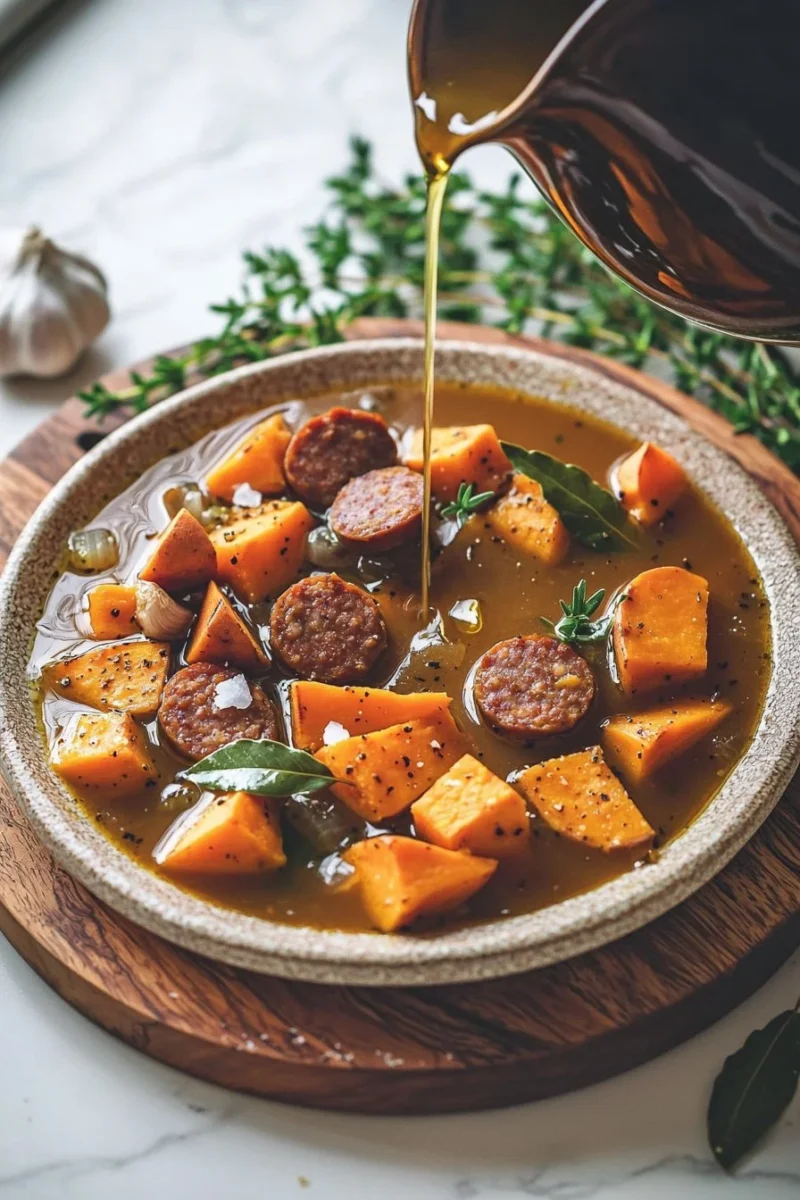 Bowl of sweet potato and sausage soup garnished with herbs