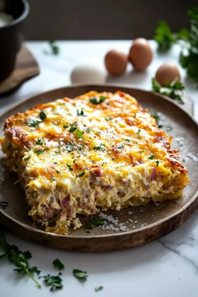 Delicious hashbrown breakfast casserole served in a baking dish