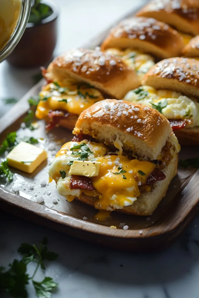 Delicious Hawaiian roll breakfast sandwiches stacked on a plate.