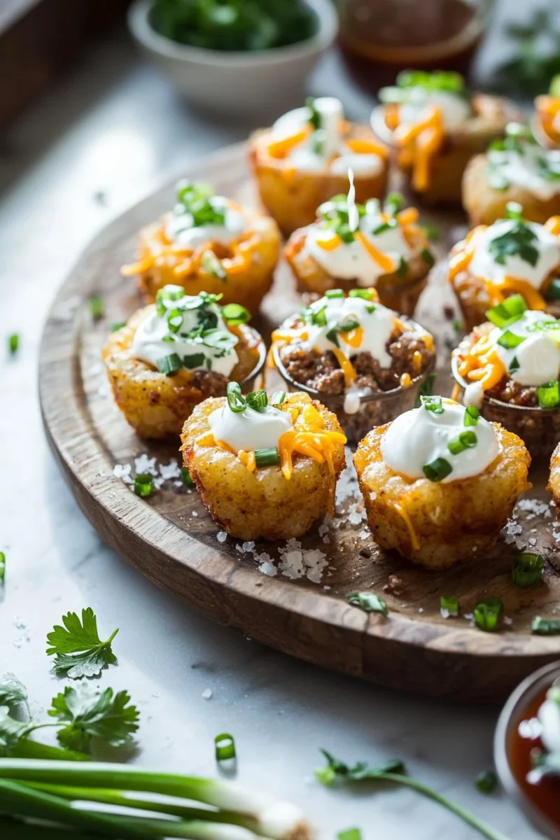 Tater tot appetizer cups served on a platter.