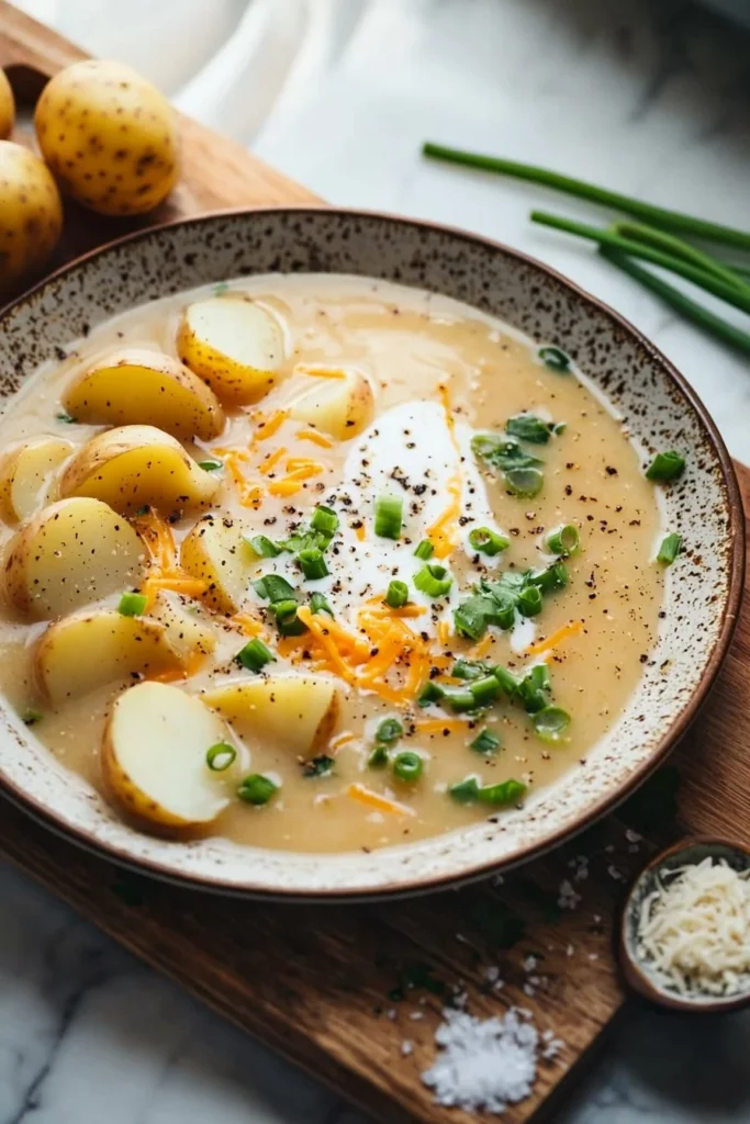 Bowl of creamy crockpot potato soup garnished with green onions