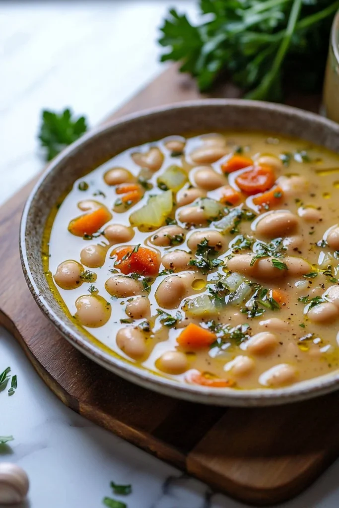 Bowl of hearty Tuscan white bean soup with fresh herbs and vegetables