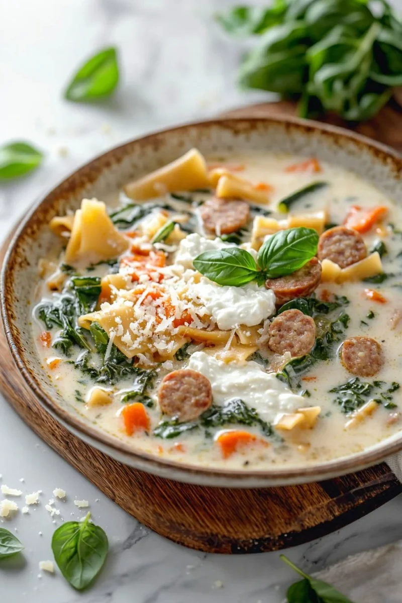 Bowl of creamy white lasagna soup topped with herbs and cheese