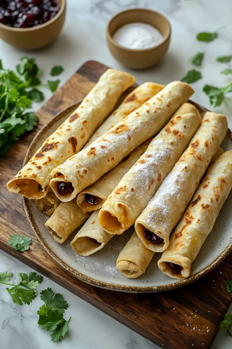 Air Fryer Cherry Pie Taquitos served with chocolate sauce and whipped cream