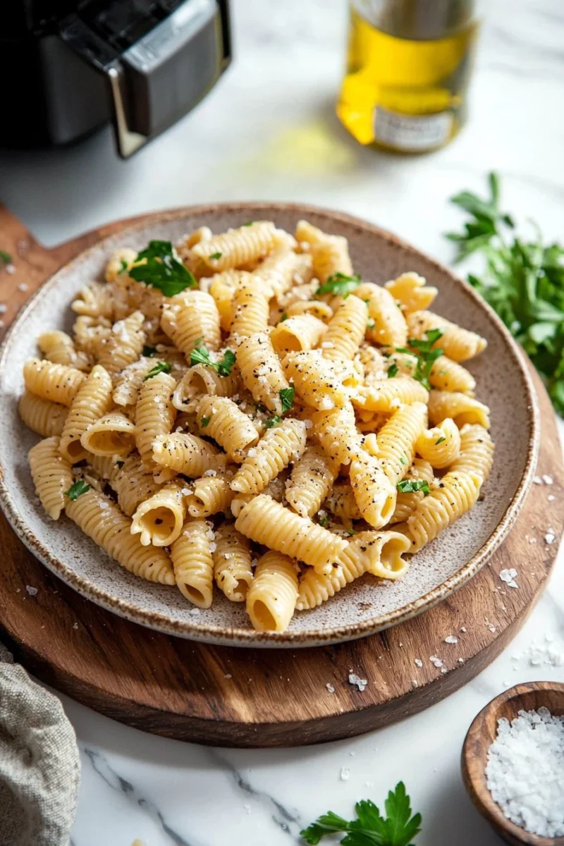 Crispy air fryer pasta chips served in a bowl with seasoning