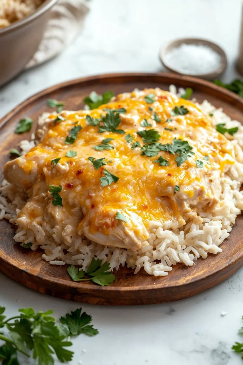 Creamy Angel Chicken Rice Casserole served in a baking dish
