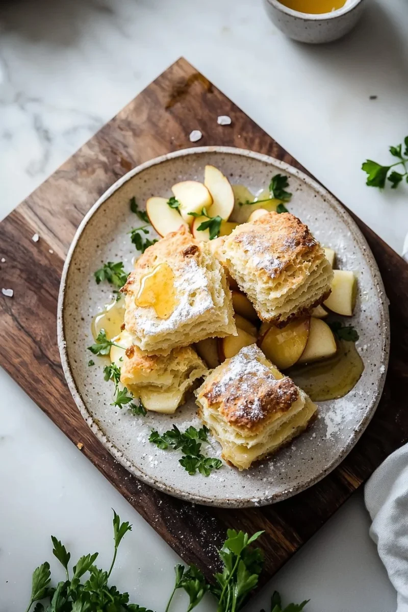 Homemade apple biscuits topped with honey butter glaze on a rustic wooden table.
