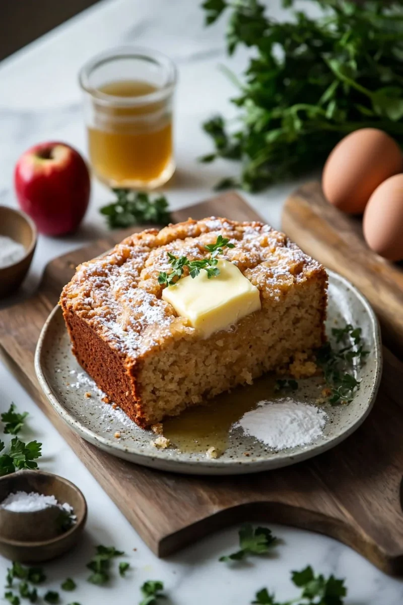 Slice of homemade apple cider pound cake with cinnamon topped with apple slices.