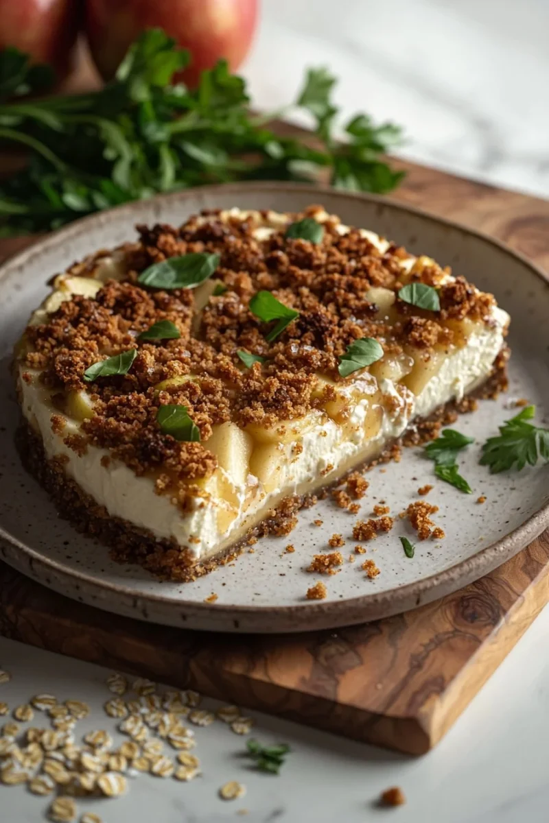 Slice of homemade Apple Crisp Cheesecake topped with caramel and apple slices.