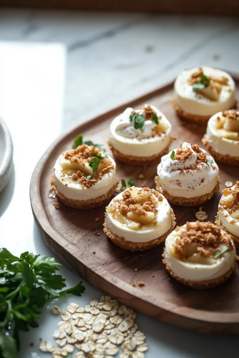 Deliciously baked Apple Crisp Mini Cheesecakes topped with apple filling
