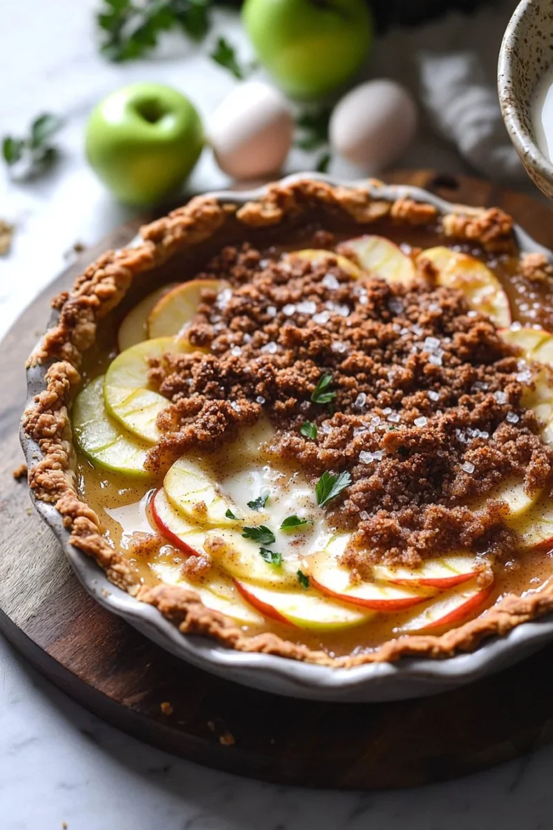 Sliced apple custard pie topped with cinnamon streusel on a rustic table.