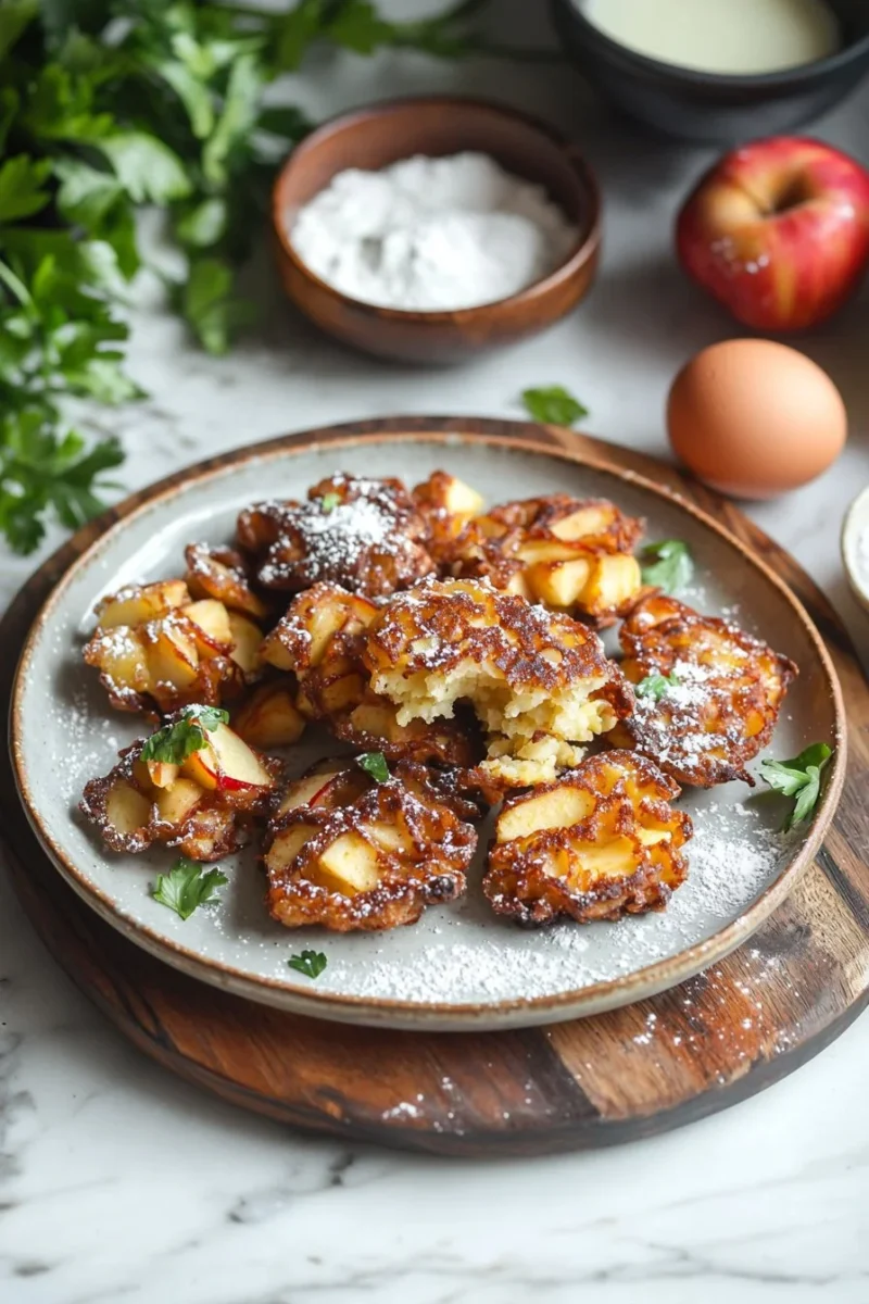 Delicious baked apple fritters topped with a sweet glaze on a plate.