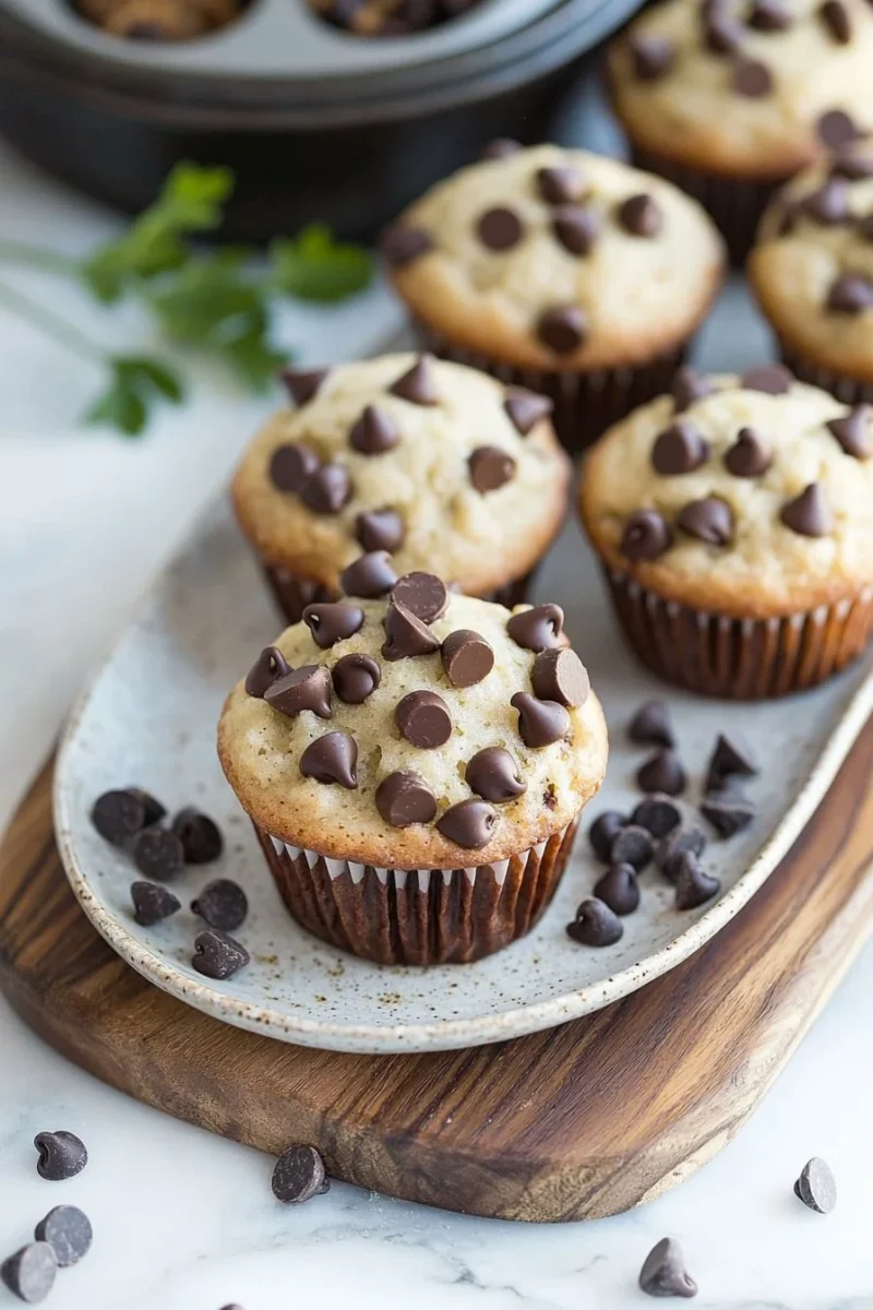 Freshly baked bakery style chocolate chip muffins with chocolate chips