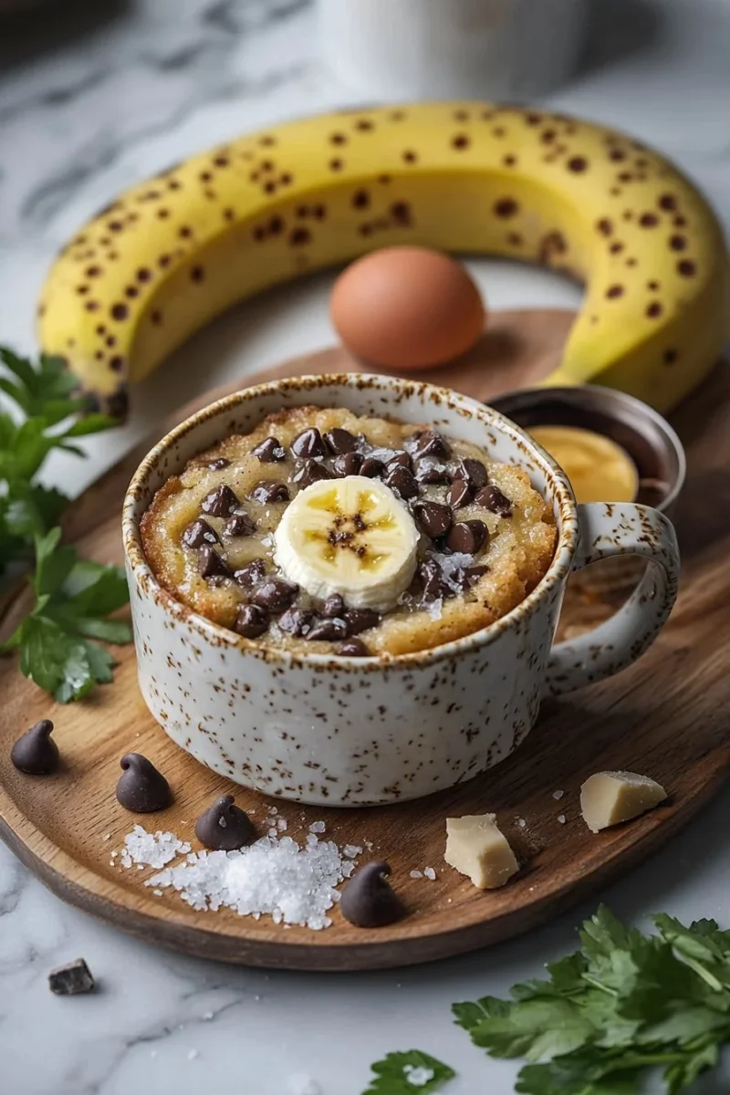 Delicious banana bread mug cake topped with fresh bananas and nuts
