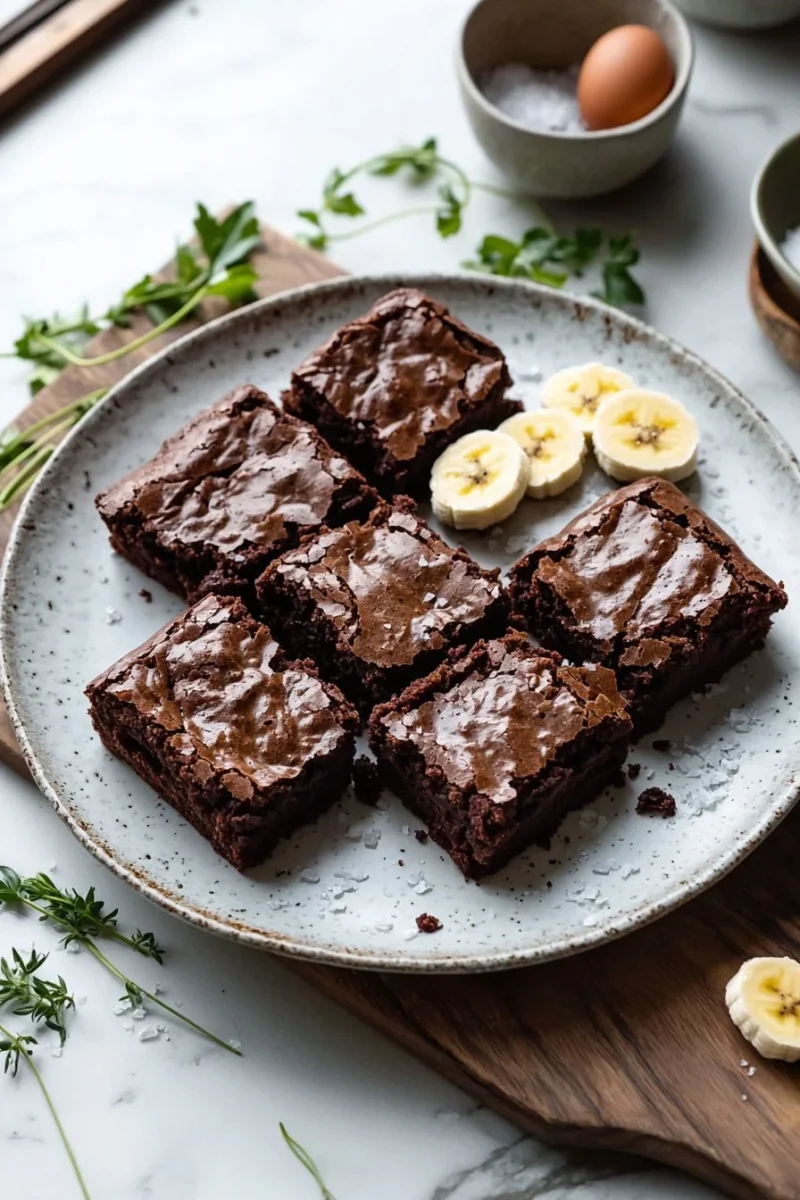 Delicious banana brownies topped with chocolate chips on a white plate.
