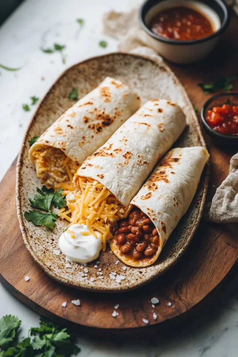 Delicious Bean and Cheese Burrito on a wooden table, filled with beans and cheese