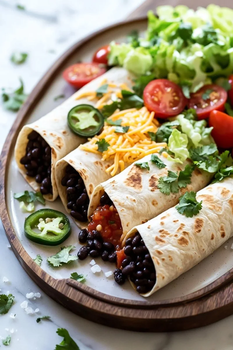 Delicious black bean burritos topped with jalapeno ranch sauce