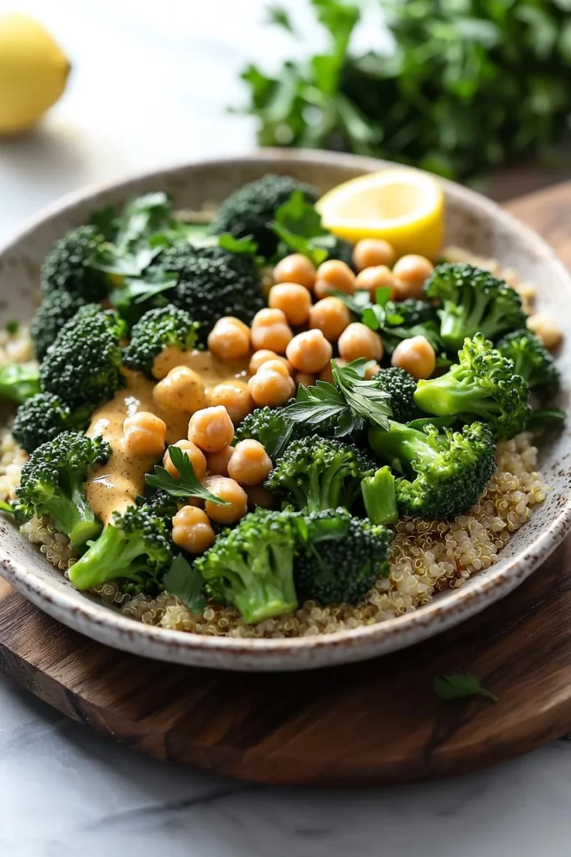 Healthy broccoli chickpea bowl with colorful vegetables.