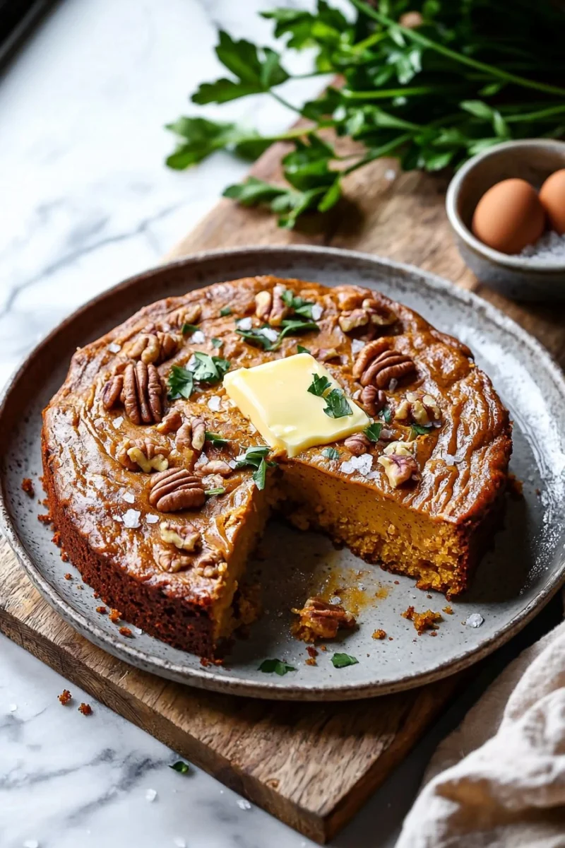 Slice of Brown Butter Pumpkin Coffee Cake topped with cinnamon sugar