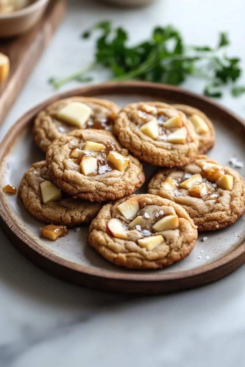 Delicious caramel apple cookies with pieces of apple and caramel drizzle.