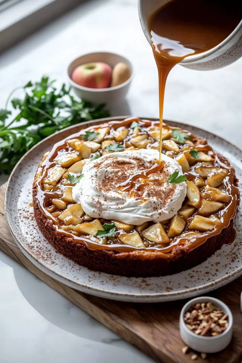 Delicious caramel apple poke cake topped with caramel drizzle and apple slices.