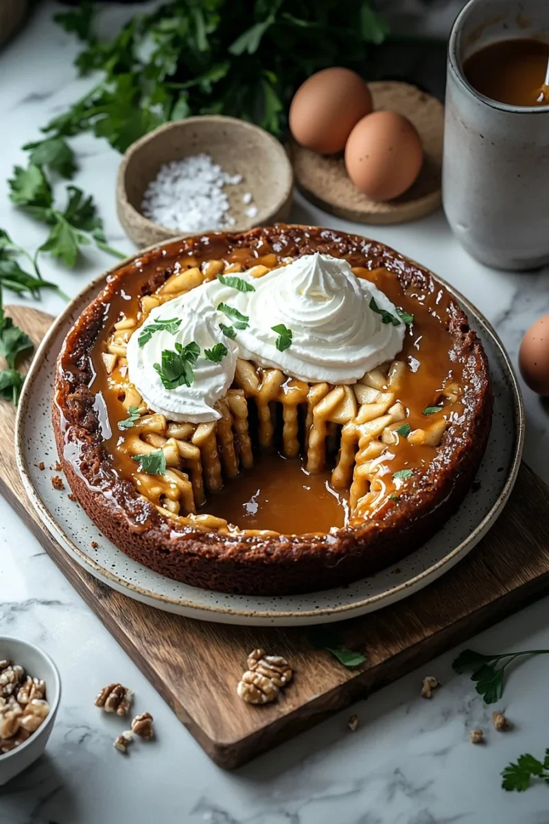 Delicious Caramel Apple Poke Cake topped with caramel and apple slices.