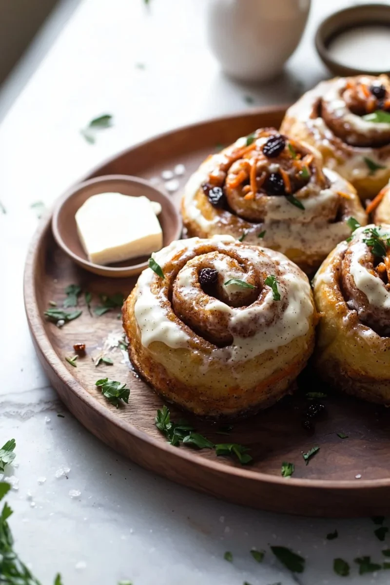 Carrot cake cinnamon rolls with cream cheese frosting on a plate