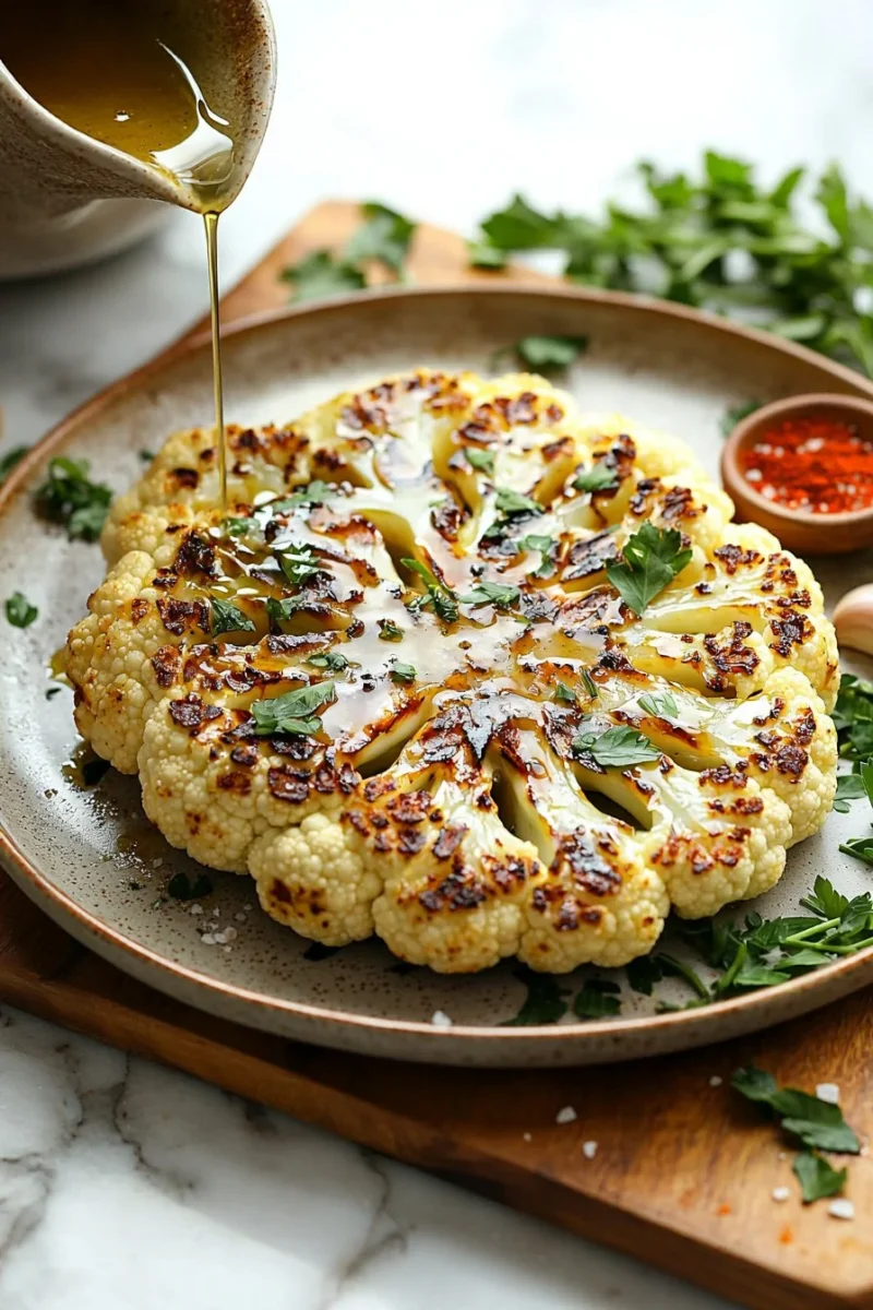 Grilled cauliflower steak served with vegetables on a plate.